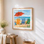 Colourful beach chairs and red umbrella paint by numbers artwork displayed on wall as home decor