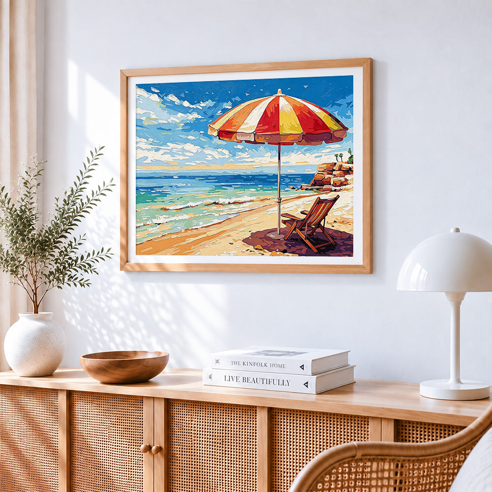 Colourful beach parasol and lounger paint by numbers artwork displayed on wall as home decor