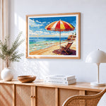 Colourful beach parasol and lounger paint by numbers artwork displayed on wall as home decor