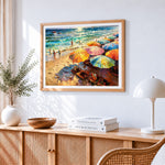 Colourful beach parasols cross stitch artwork displayed on wall as home decor