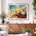 Finished colourful beach parasols paint by numbers artwork displayed as home decor