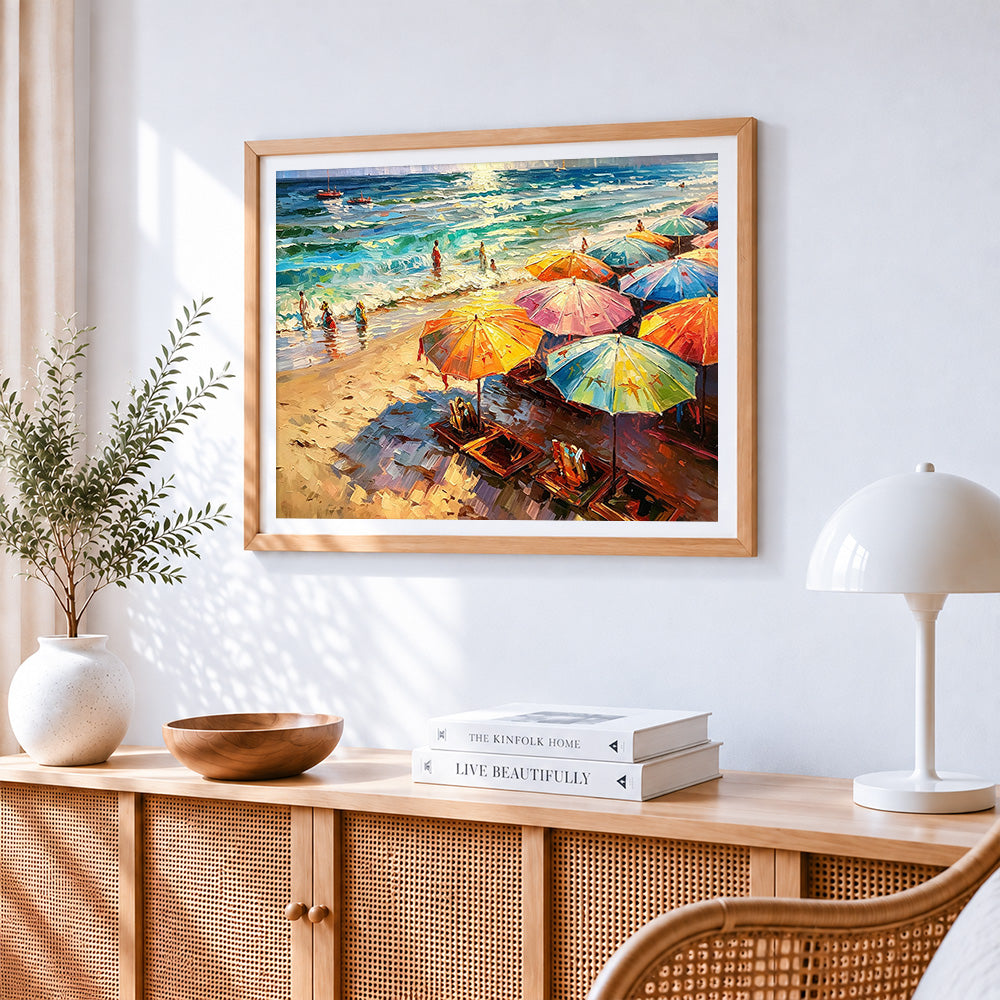 Colourful beach parasols paint by numbers artwork displayed on wall as home decor
