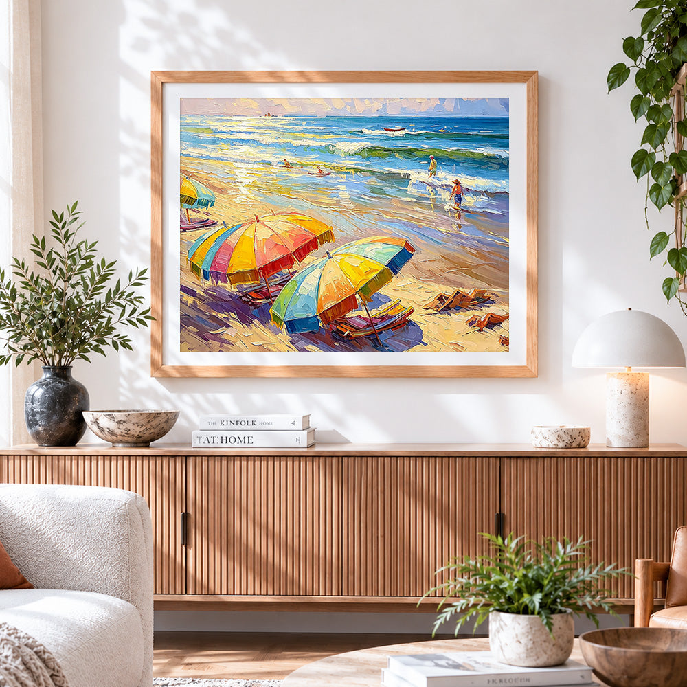 Finished colourful beach umbrellas and loungers cross stitch artwork displayed