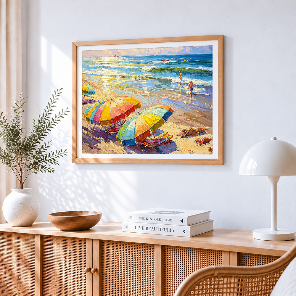 Colourful beach umbrellas and loungers cross stitch artwork displayed on wall as home decor