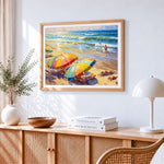 Colourful beach umbrellas and loungers paint by numbers artwork displayed on wall as home decor