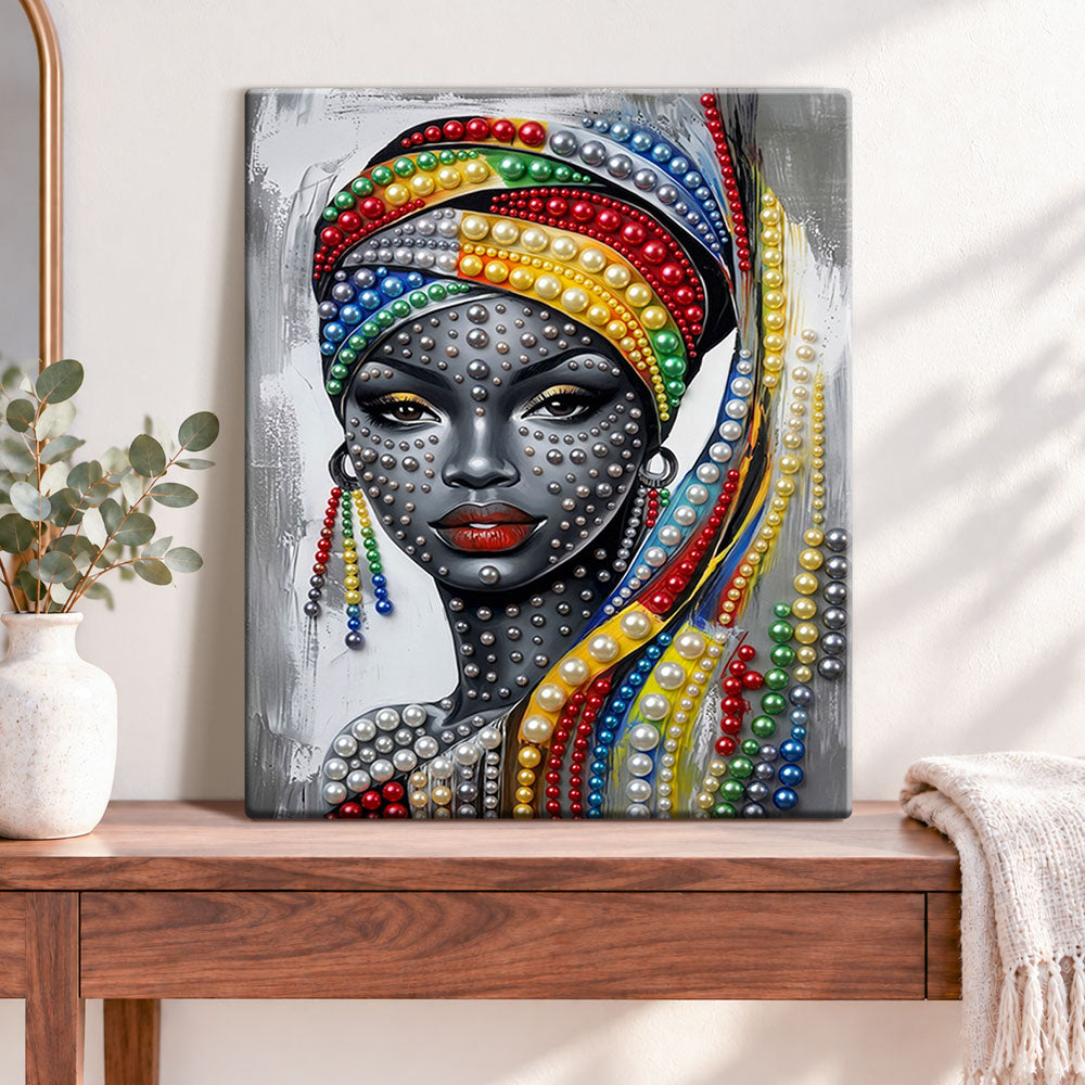 Finished colourful beaded beauty pearl diamond painting artwork displayed as home decor