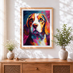 Finished colourful beagle portrait cross stitch artwork displayed