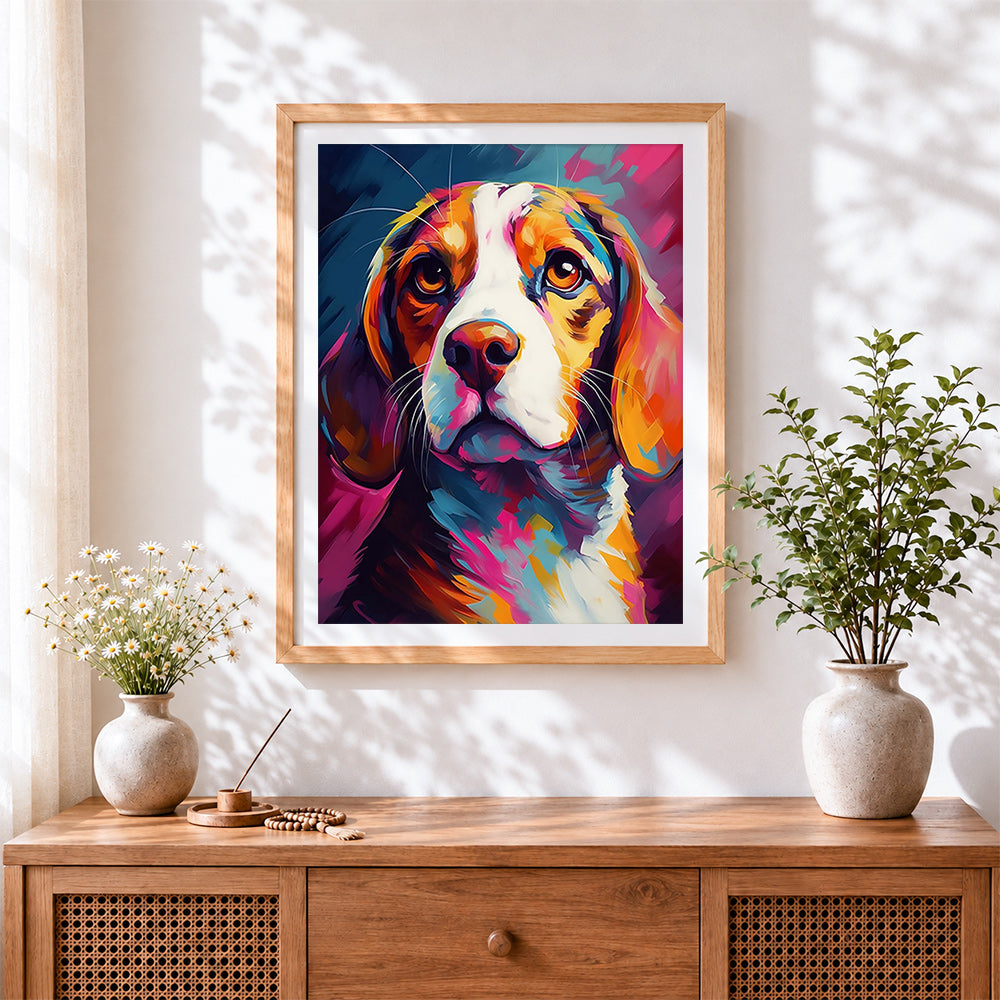 Finished colourful beagle portrait cross stitch artwork displayed