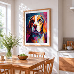 Colourful beagle portrait paint by numbers artwork displayed on wall as home decor