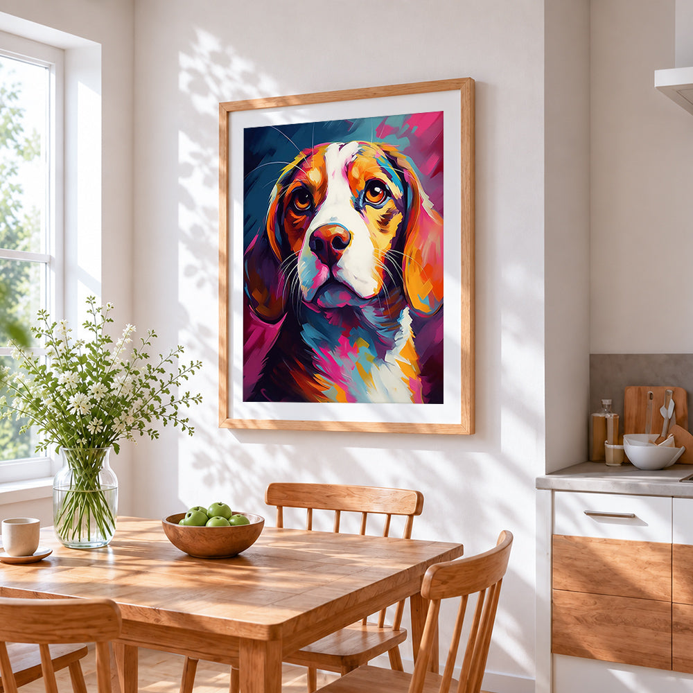 Colourful beagle portrait paint by numbers artwork displayed on wall as home decor