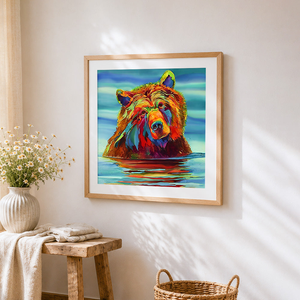 Colourful bear in water cross stitch artwork displayed on wall as home decor