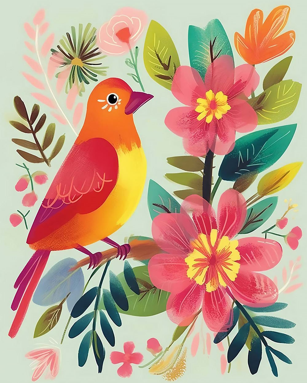 Colourful bird in a floral garden cross stitch kit for beginners