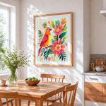 Colourful bird in a floral garden cross stitch artwork displayed on wall as home decor
