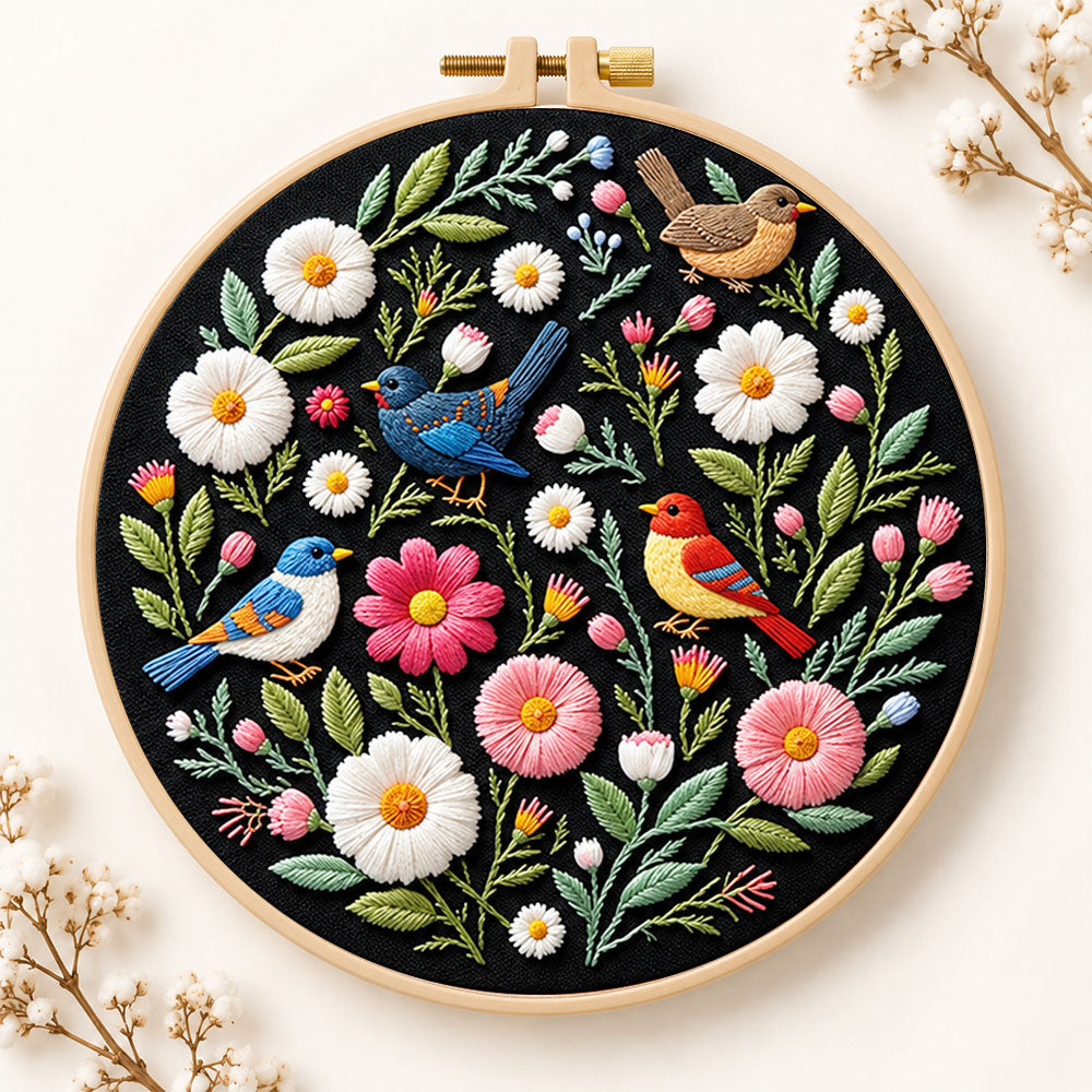 Colourful birds and wildflowers embroidery kit