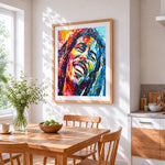 Colourful bob marley portrait cross stitch artwork displayed on wall as home decor