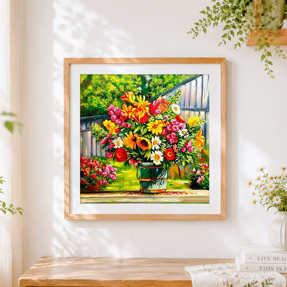 Finished colourful bouquet in a bucket cross stitch artwork displayed