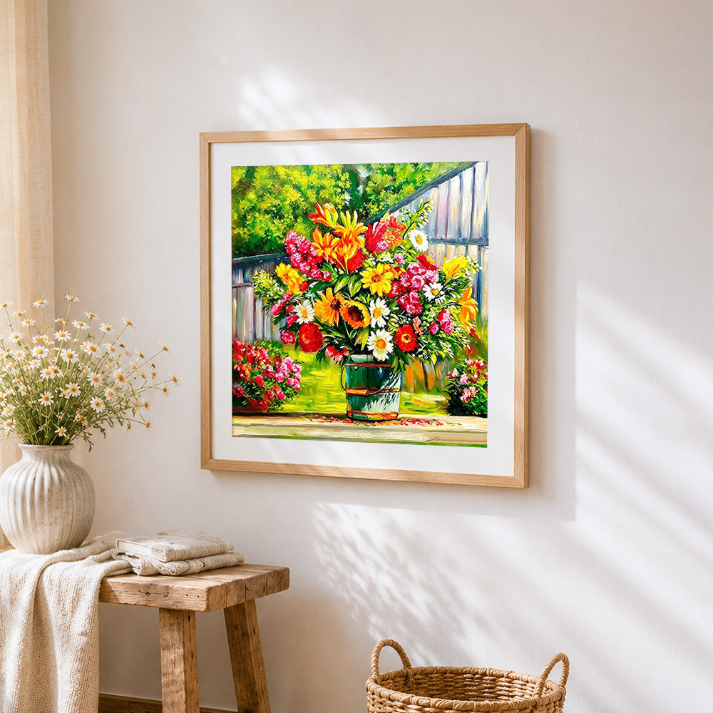 Colourful bouquet in a bucket cross stitch artwork displayed on wall as home decor