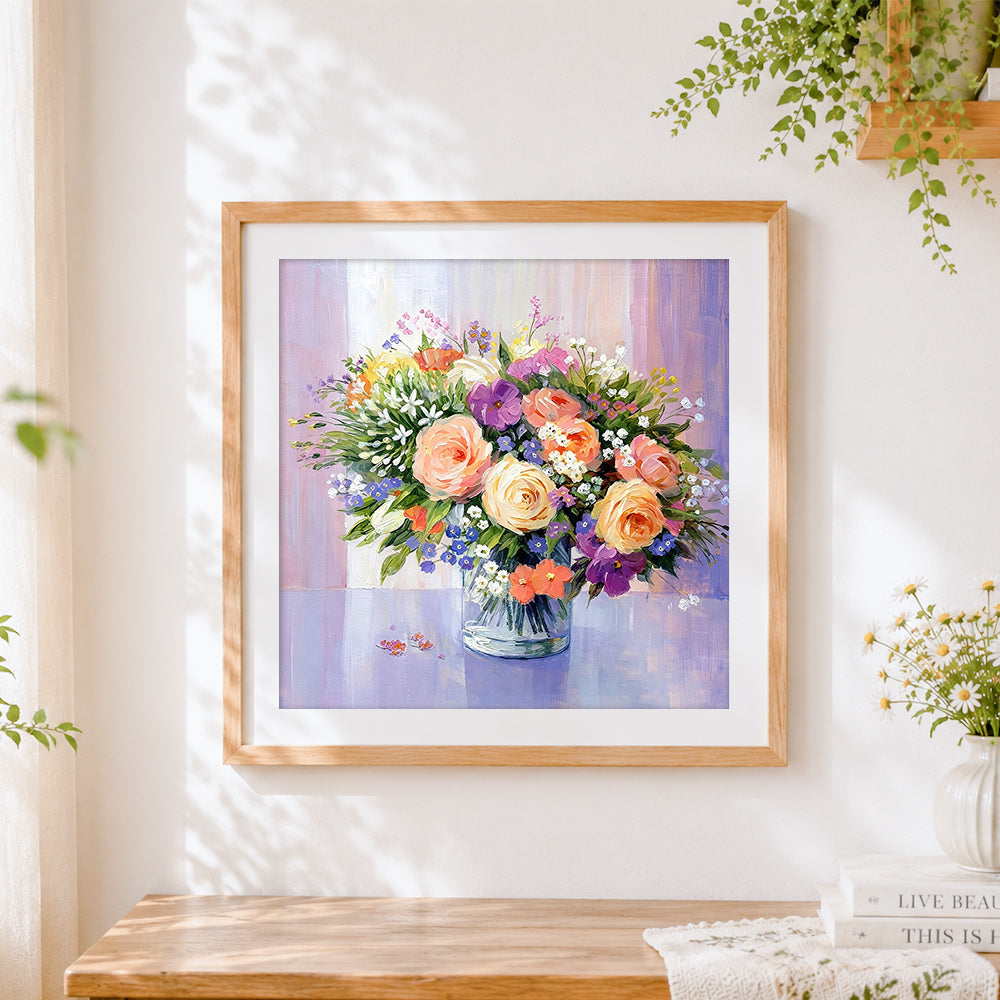 Finished colourful bouquet still life cross stitch artwork displayed