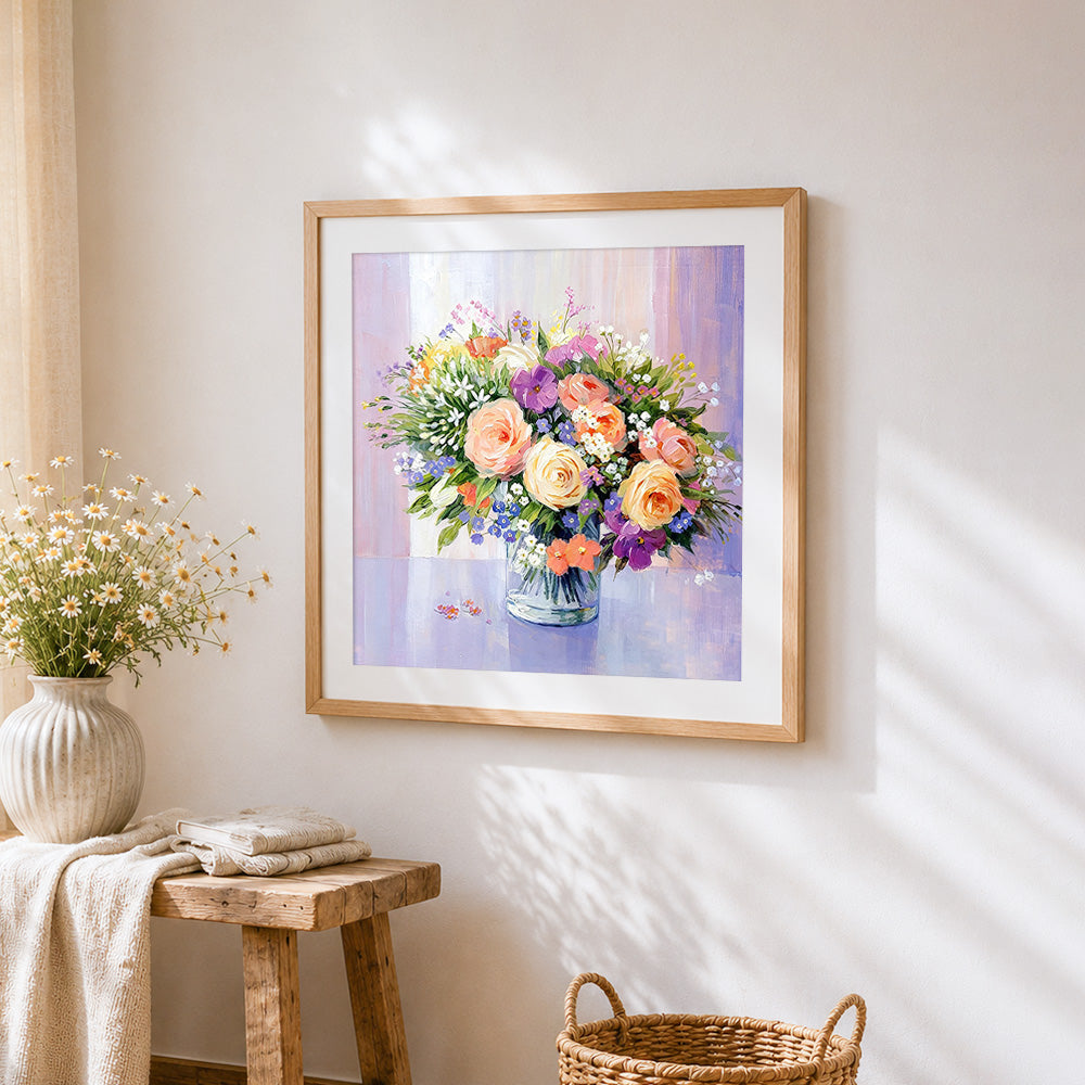 Colourful bouquet still life cross stitch artwork displayed on wall as home decor