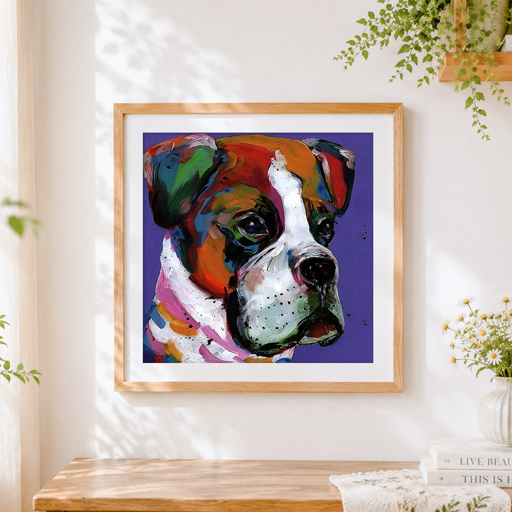 Finished colourful boxer dog portrait cross stitch artwork displayed
