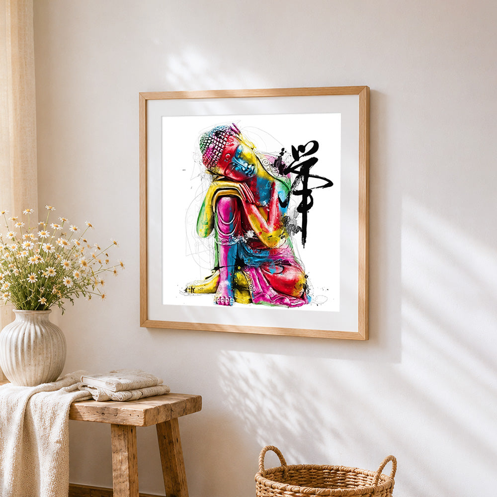 Colourful buddha with calligraphy cross stitch artwork displayed on wall as home decor