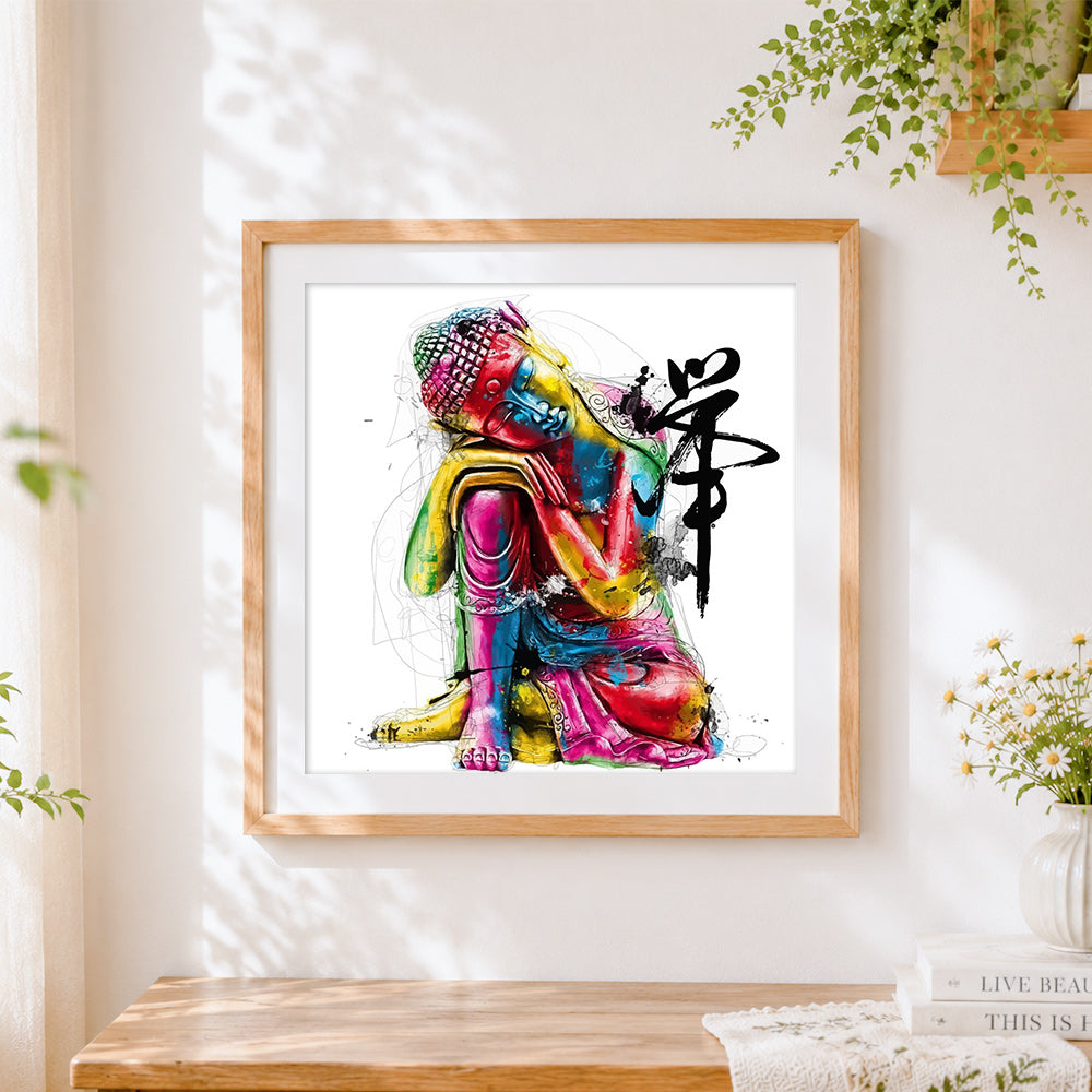 Finished colourful buddha with calligraphy paint by numbers artwork displayed as home decor