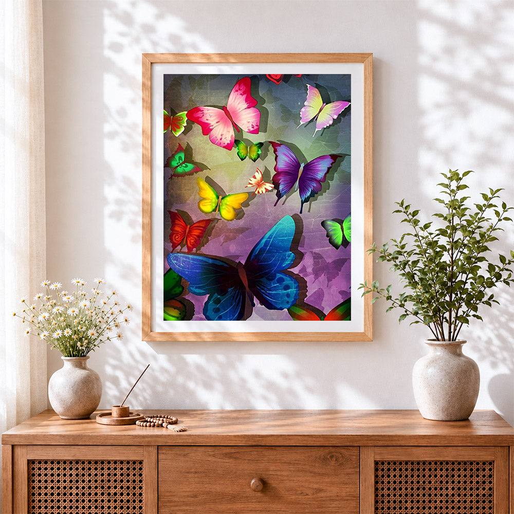 Finished colourful butterflies and shadows cross stitch artwork displayed