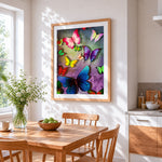 Colourful butterflies and shadows cross stitch artwork displayed on wall as home decor