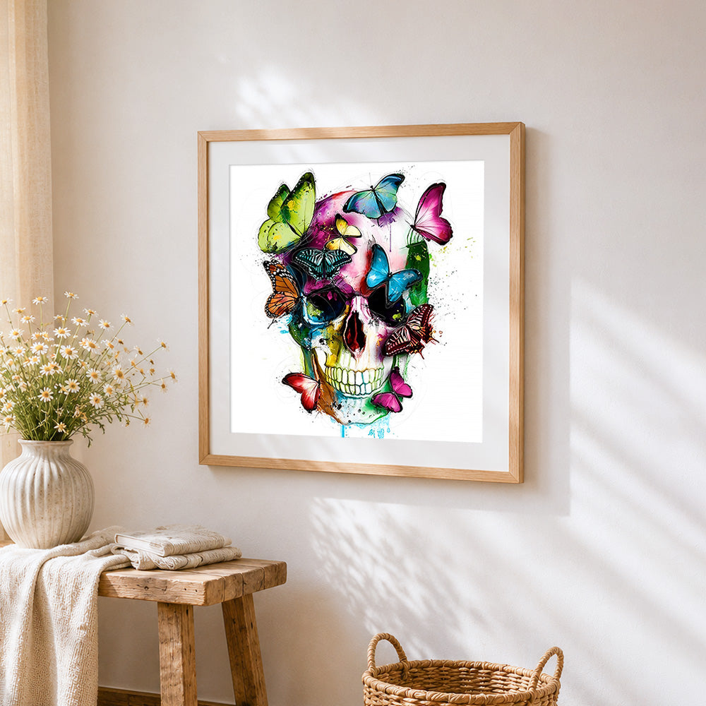 Colourful butterflies and skull cross stitch artwork displayed on wall as home decor