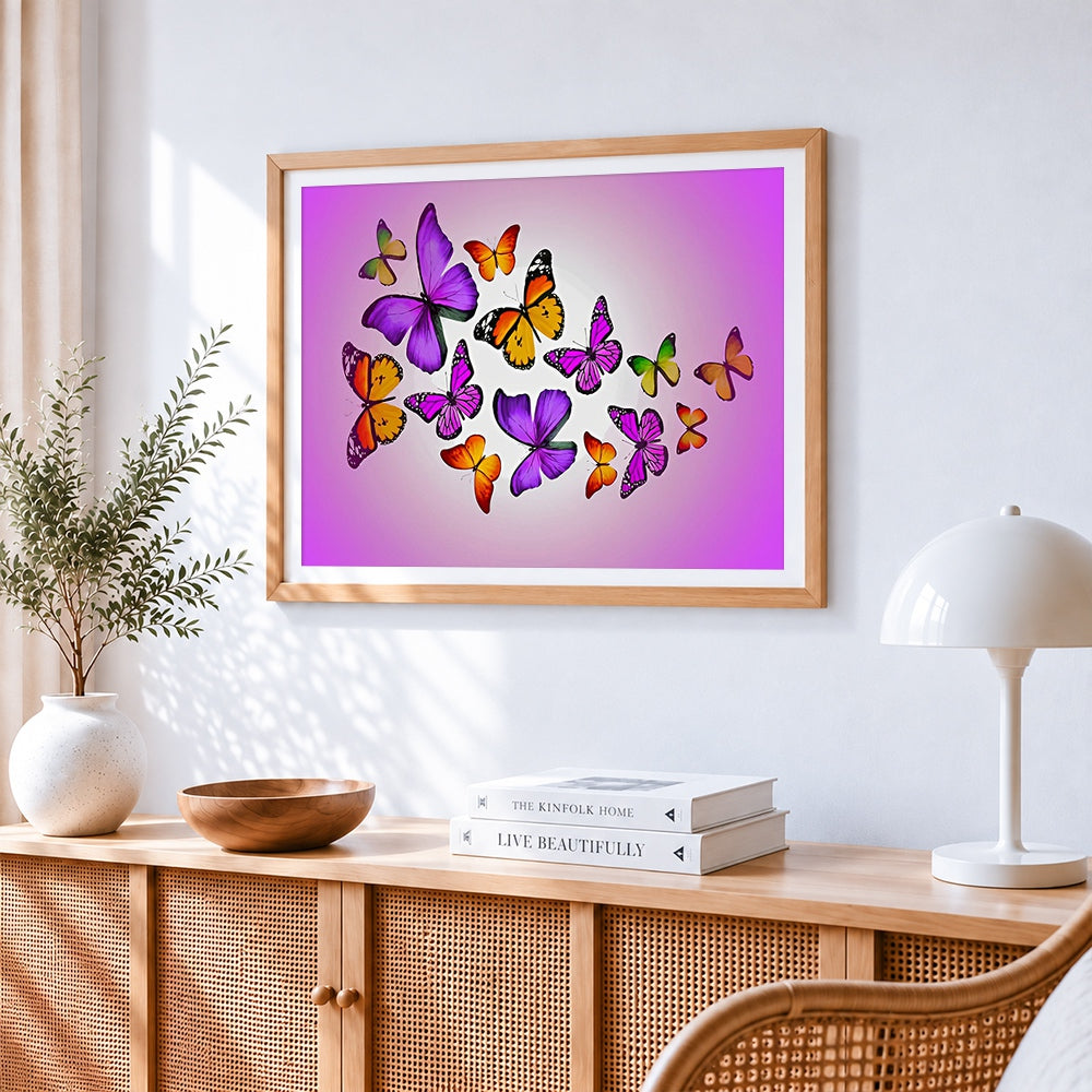 Colourful butterflies cross stitch artwork displayed on wall as home decor
