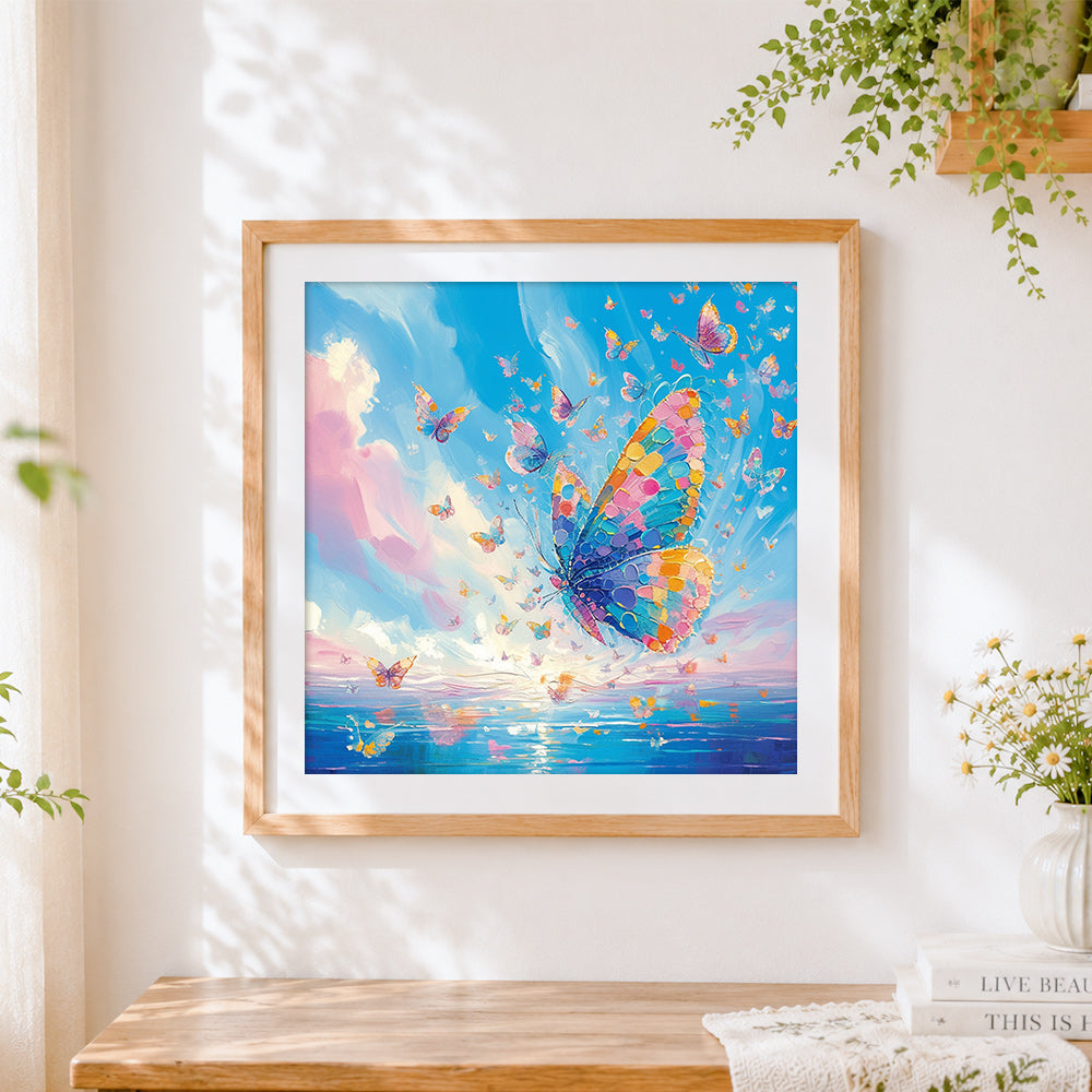 Finished colourful butterflies fluttering on the sea cross stitch artwork displayed