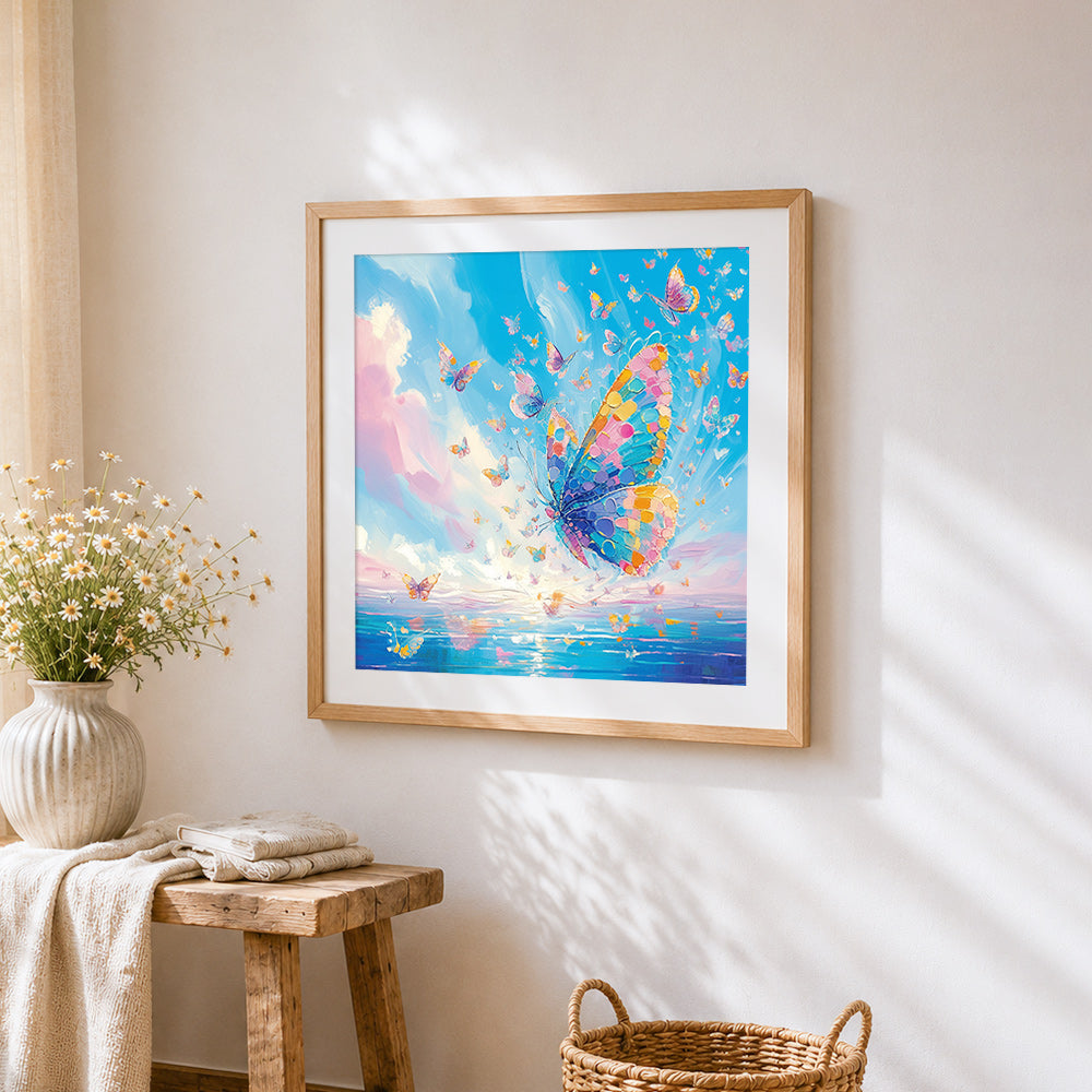 Colourful butterflies fluttering on the sea cross stitch artwork displayed on wall as home decor