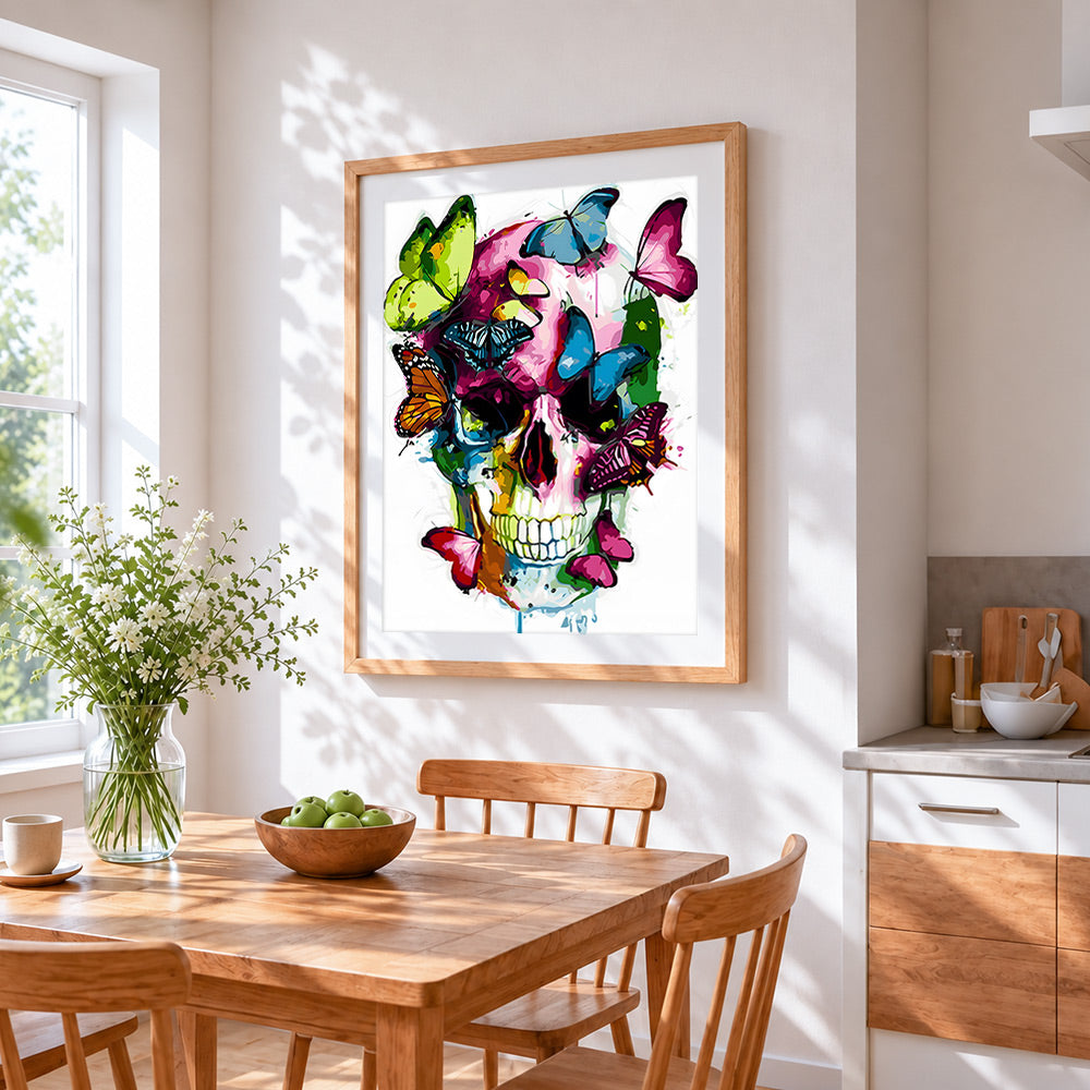 Colourful butterflies on the skull cross stitch artwork displayed on wall as home decor