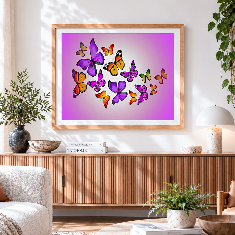 Finished colourful butterflies paint by numbers artwork displayed as home decor