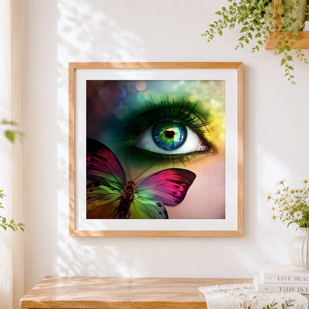 Finished colourful butterfly and green eye close up cross stitch artwork displayed