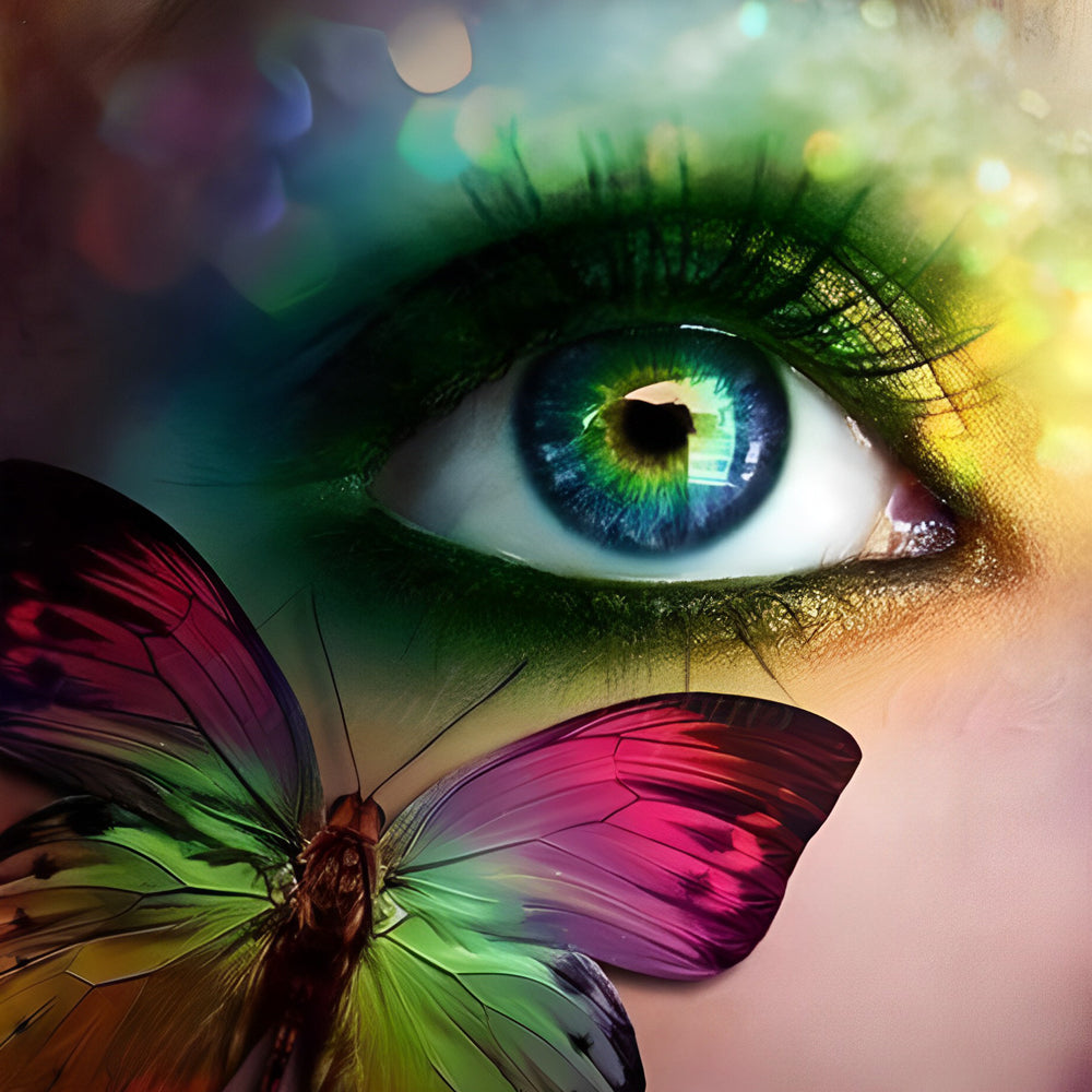 Colourful butterfly and green eye close up cross stitch kit for beginners