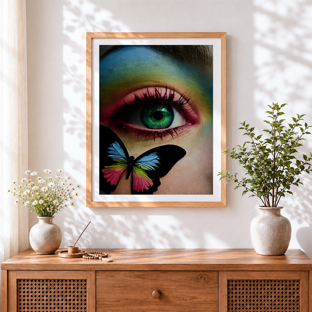 Finished colourful butterfly and green eye cross stitch artwork displayed