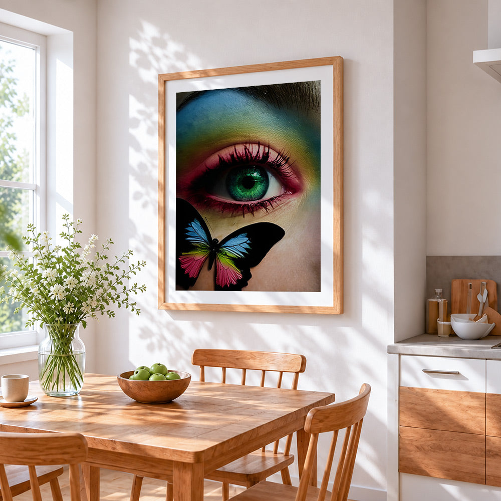 Colourful butterfly and green eye cross stitch artwork displayed on wall as home decor