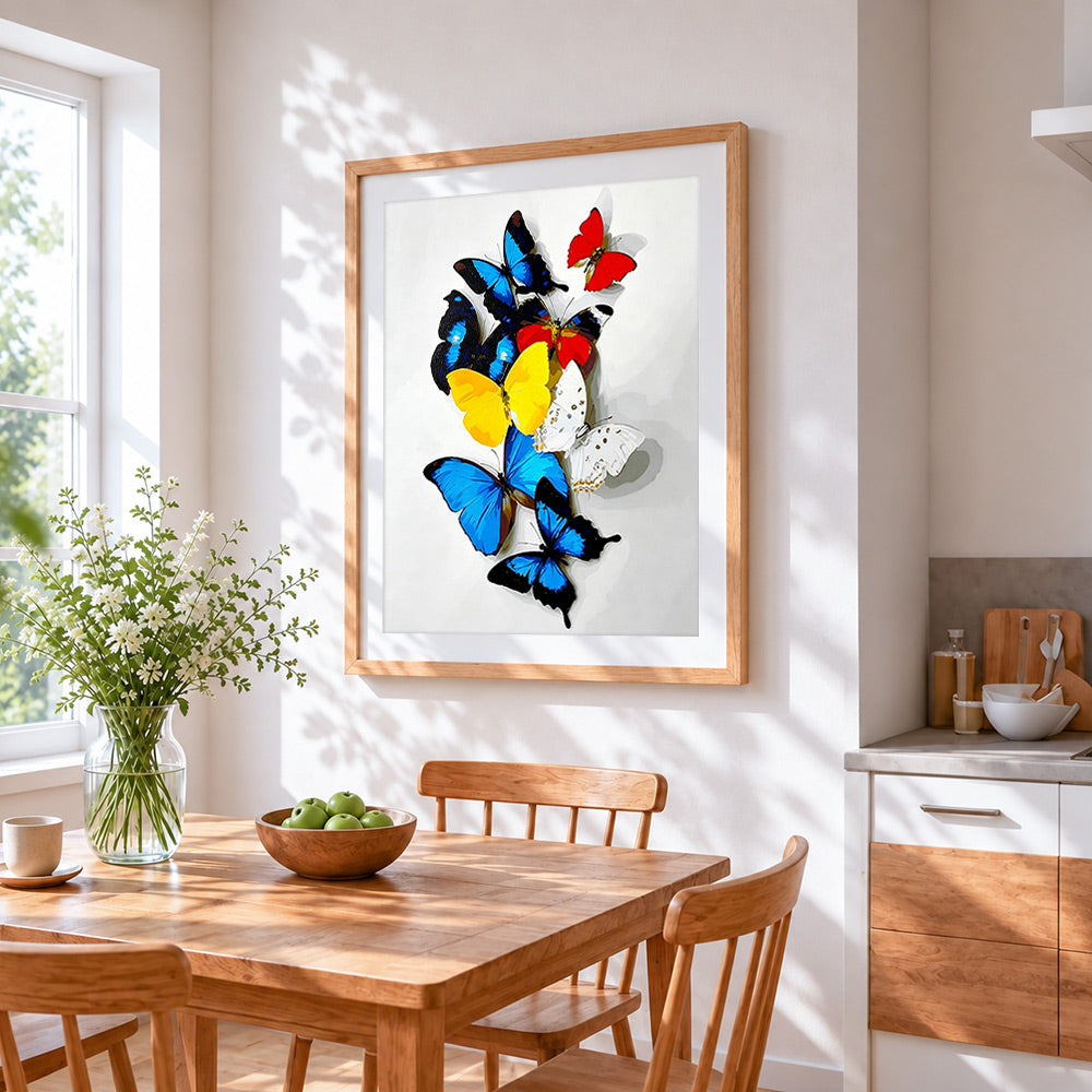 Colourful butterfly collection cross stitch artwork displayed on wall as home decor