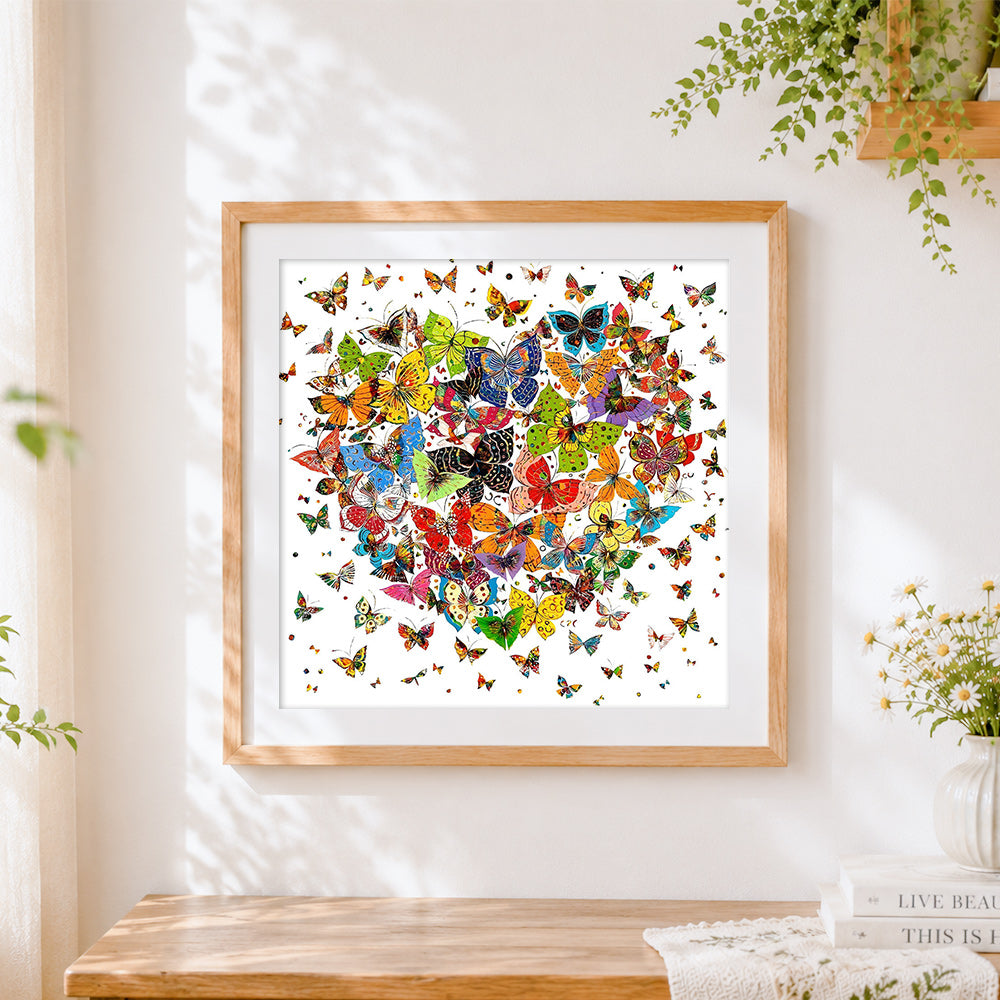 Finished colourful butterfly heart collage paint by numbers artwork displayed as home decor