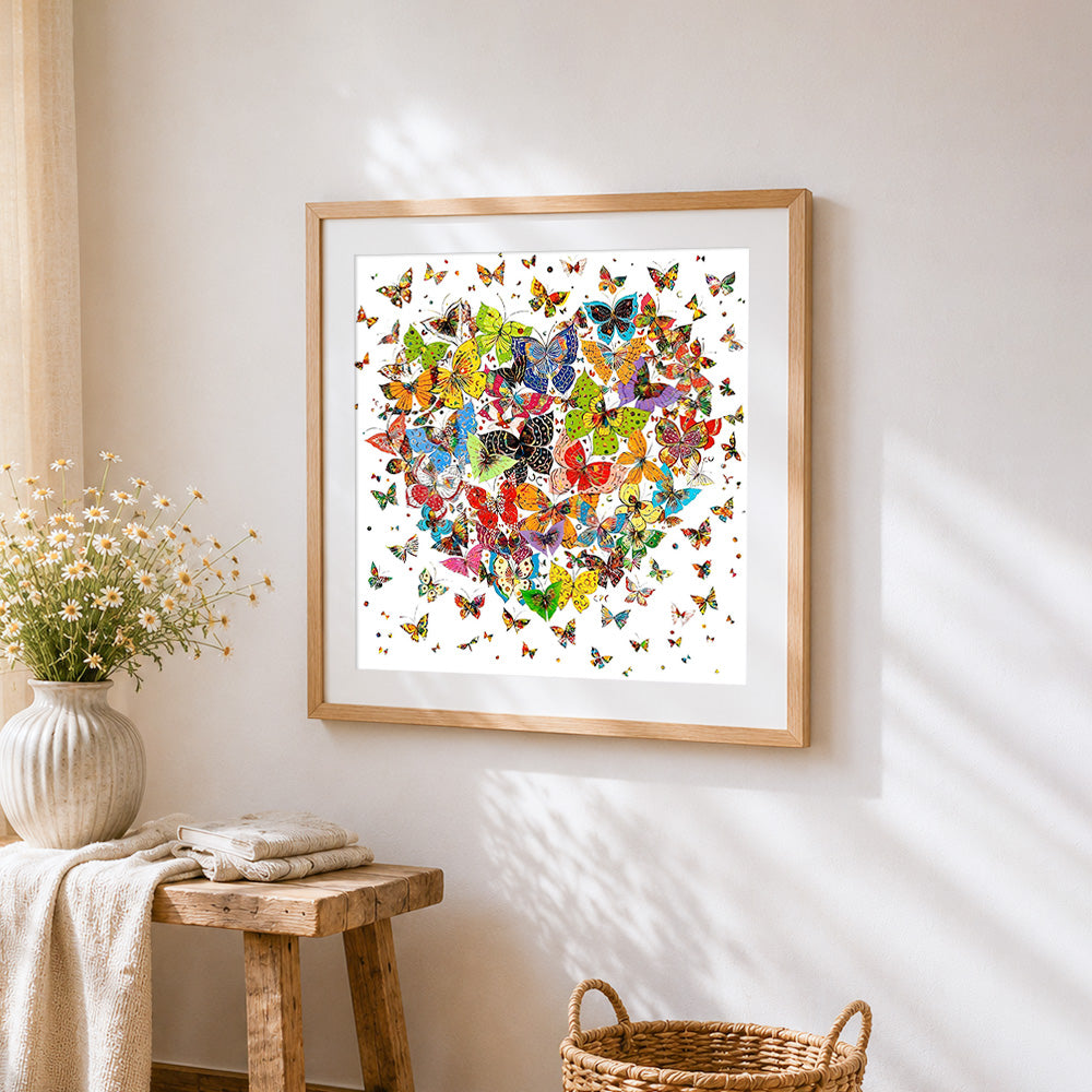 Colourful butterfly heart collage paint by numbers artwork displayed on wall as home decor