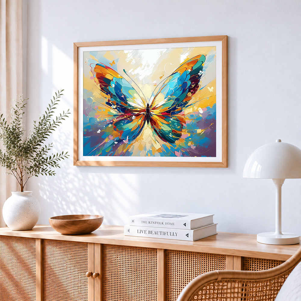 Colourful butterfly in flight cross stitch artwork displayed on wall as home decor