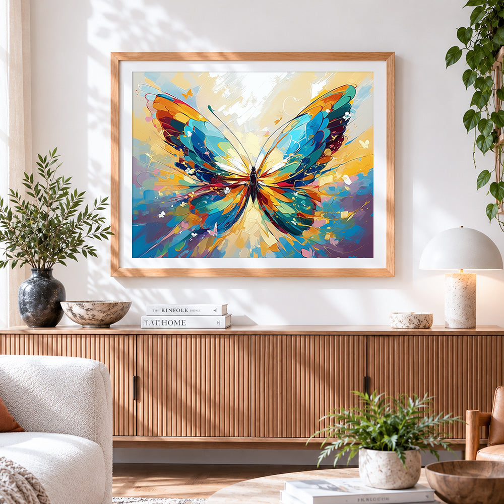Finished colourful butterfly in flight paint by numbers artwork displayed as home decor