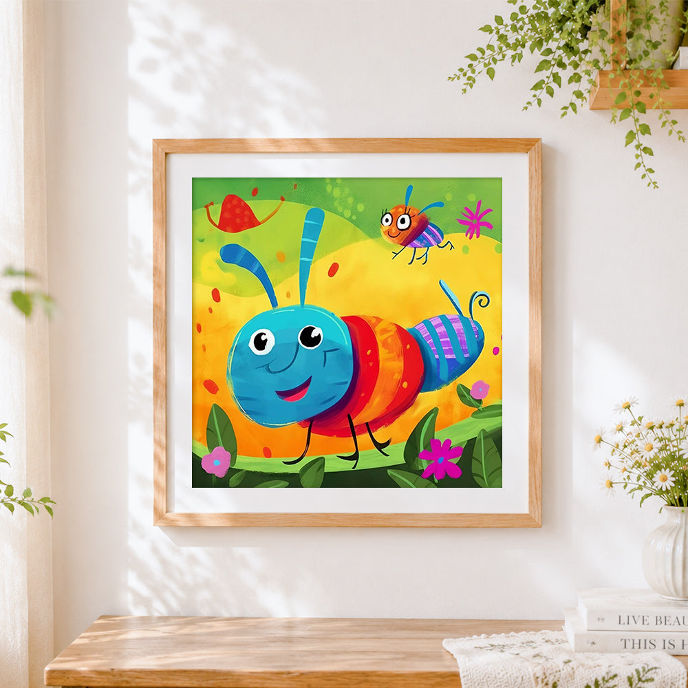 Finished colourful cartoon bugs and insects cross stitch artwork displayed