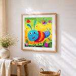 Colourful cartoon bugs and insects cross stitch artwork displayed on wall as home decor