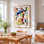 Colourful cartoon cats cross stitch artwork displayed on wall as home decor
