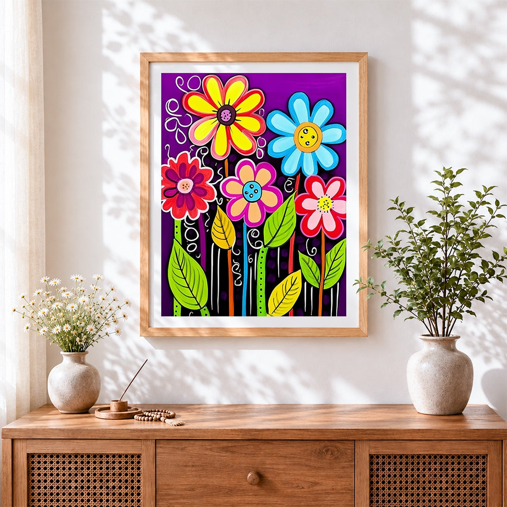 Finished colourful cartoon flowers cross stitch artwork displayed