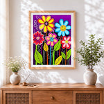 Finished colourful cartoon flowers cross stitch artwork displayed