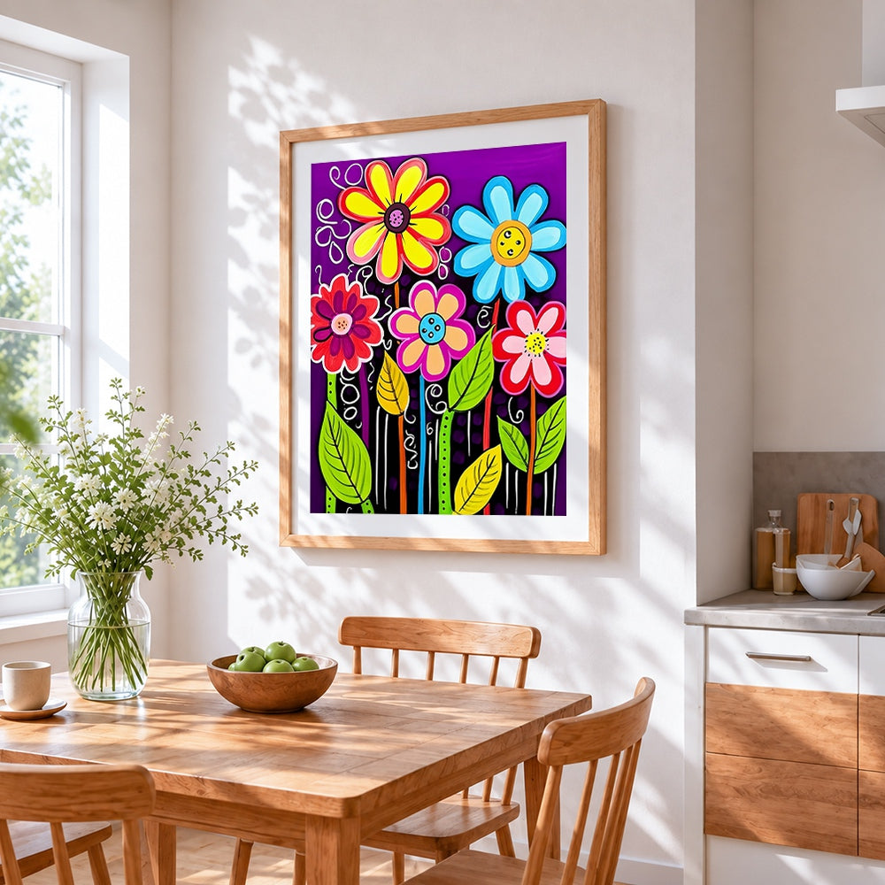 Colourful cartoon flowers cross stitch artwork displayed on wall as home decor