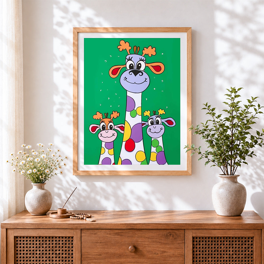 Finished colourful cartoon giraffes cross stitch artwork displayed